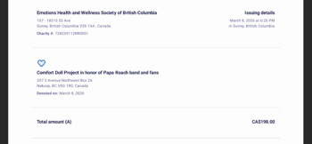 EmotionsBC donation receipt comfort doll project papa roach